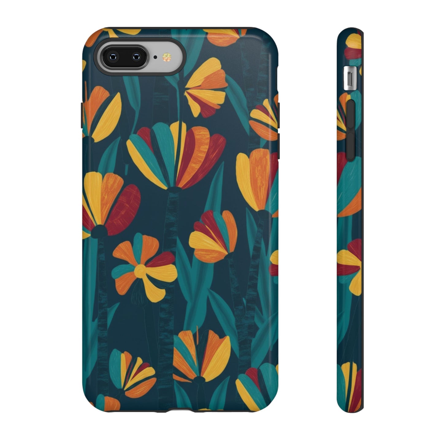 Floral Retro Teal Tough Phone Case — Vibrant Orange & Mustard Blooms