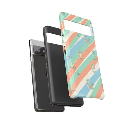 Retro Beach Stripes Phone Case — Sun, Waves & Palm Pattern Tough Case