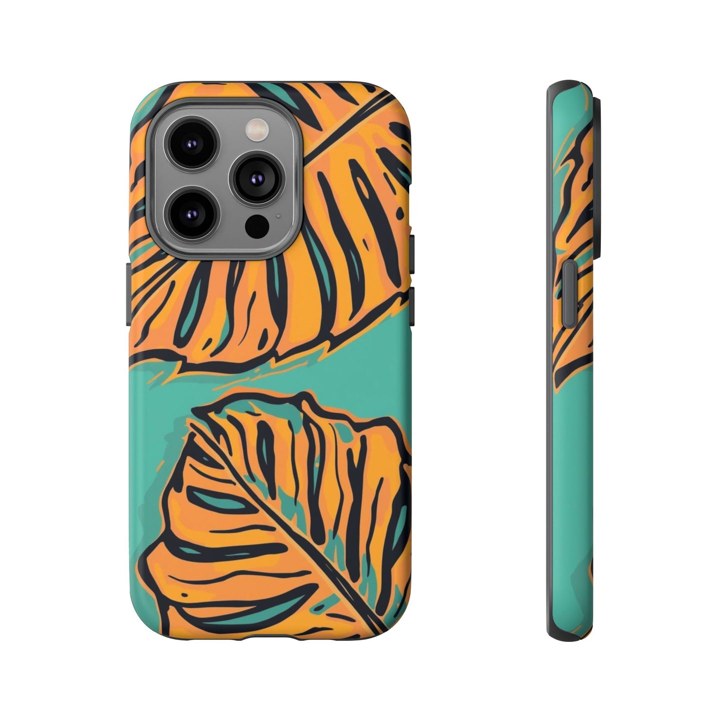 Tropical Leaf Tough Phone Case — Orange Monstera Design on Teal