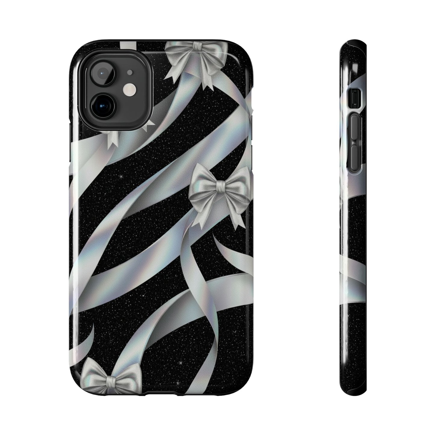 Silver Ribbon Bow Tough Phone Case — Glitter Black Protective Phone Case