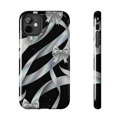 Silver Ribbon Bow Tough Phone Case — Glitter Black Protective Phone Case