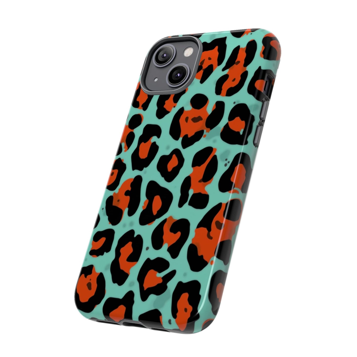 Leopard Print Tough Phone Case — Teal & Rust Protective iPhone Cover