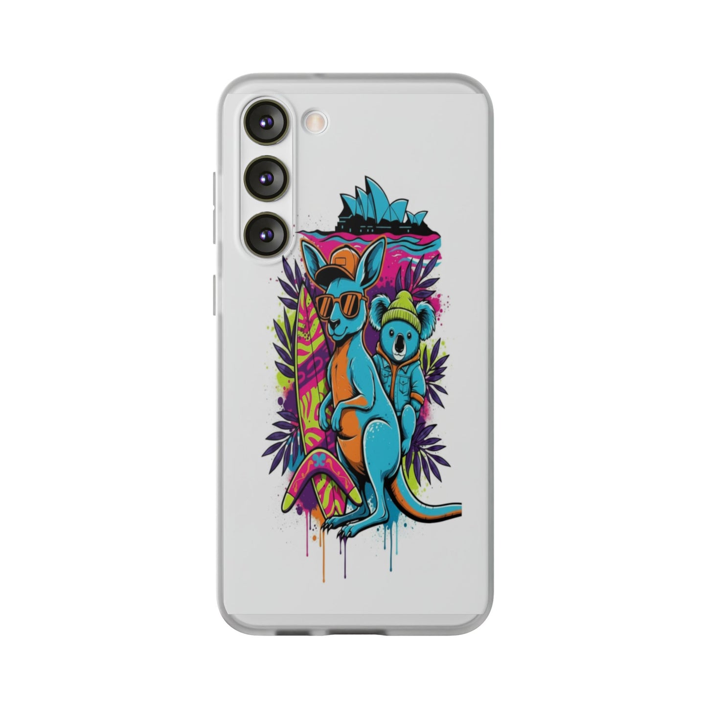 Kangaroo & Koala Surf Phone Case — Neon Aussie Beach Vibes Flexible Case