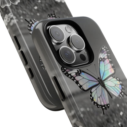 Butterfly Field Tough Phone Case — Pastel Holographic Butterfly on Black & White Floral Background