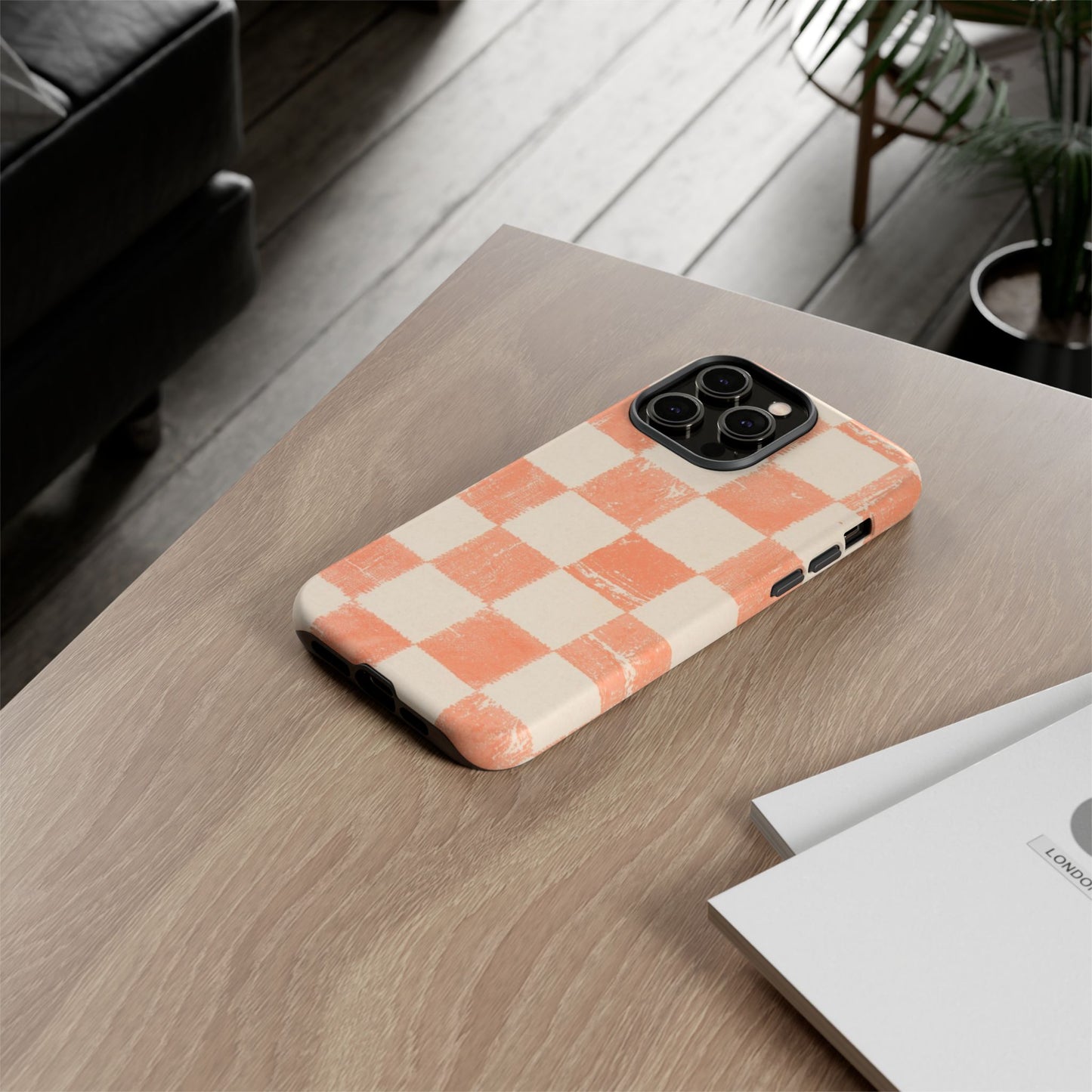 Peach Checkerboard Tough Phone Case — Retro Distressed Grid Design