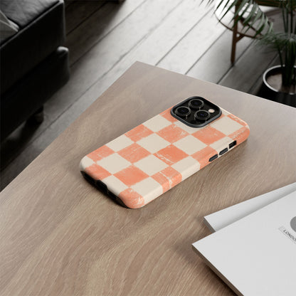 Peach Checkerboard Tough Phone Case — Retro Distressed Grid Design