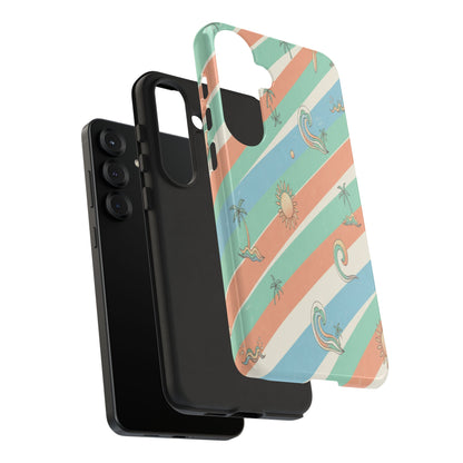 Retro Beach Stripes Phone Case — Sun, Waves & Palm Pattern Tough Case