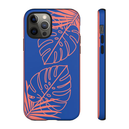 Tropical Monstera Phone Case — Blue & Coral Leaf Protective Cover