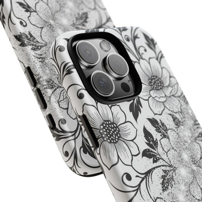 Floral Lace Phone Case — Black & White Vintage Flower Protective Case