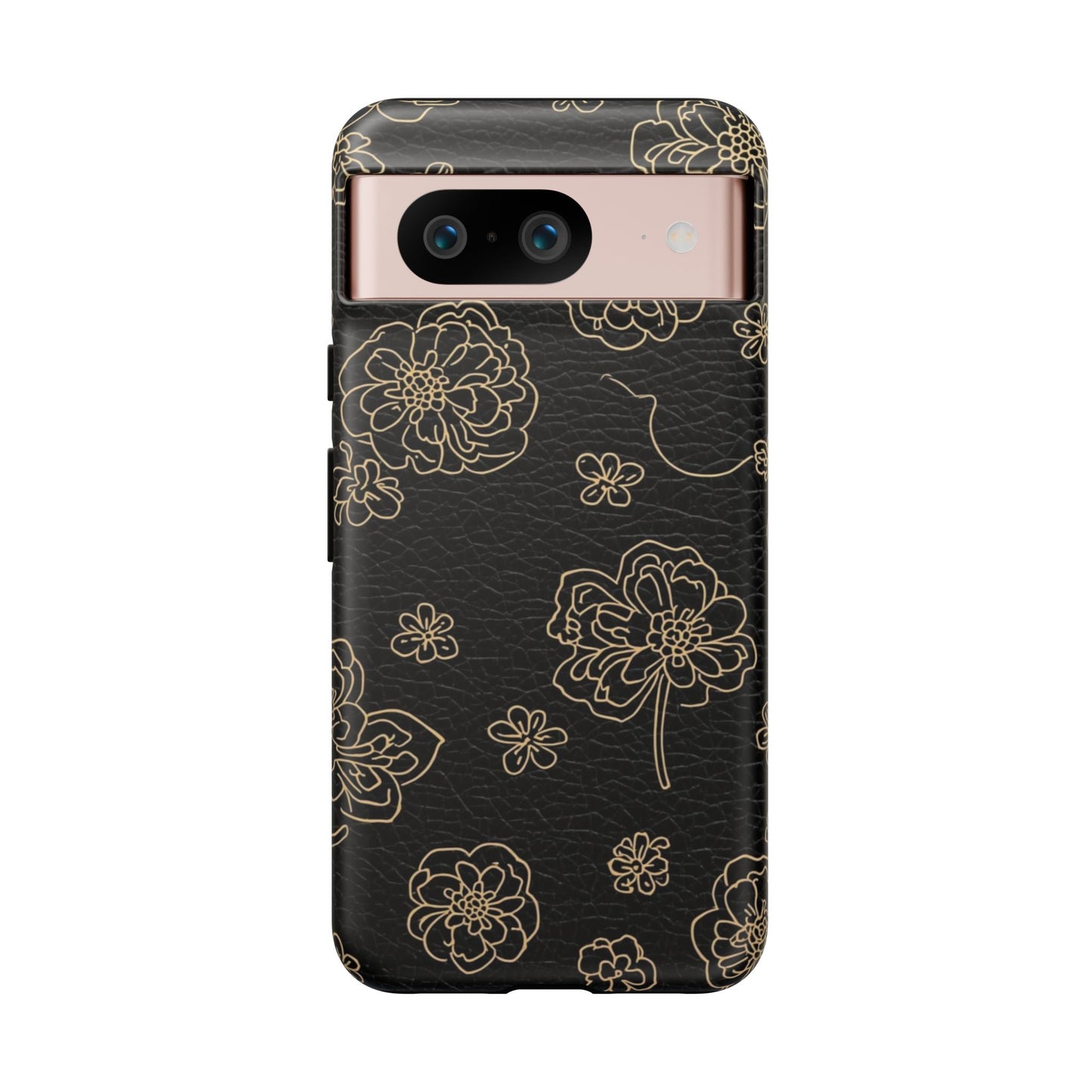 Floral Leather-Texture Tough Case – Black Gold Outline Phone Cover