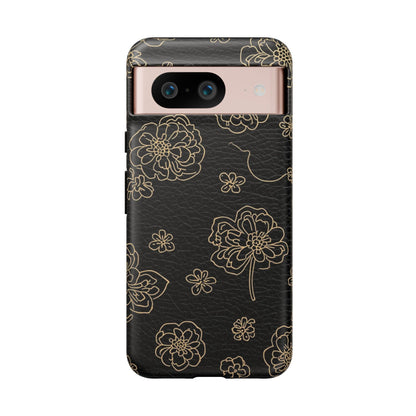 Floral Leather-Texture Tough Case – Black Gold Outline Phone Cover