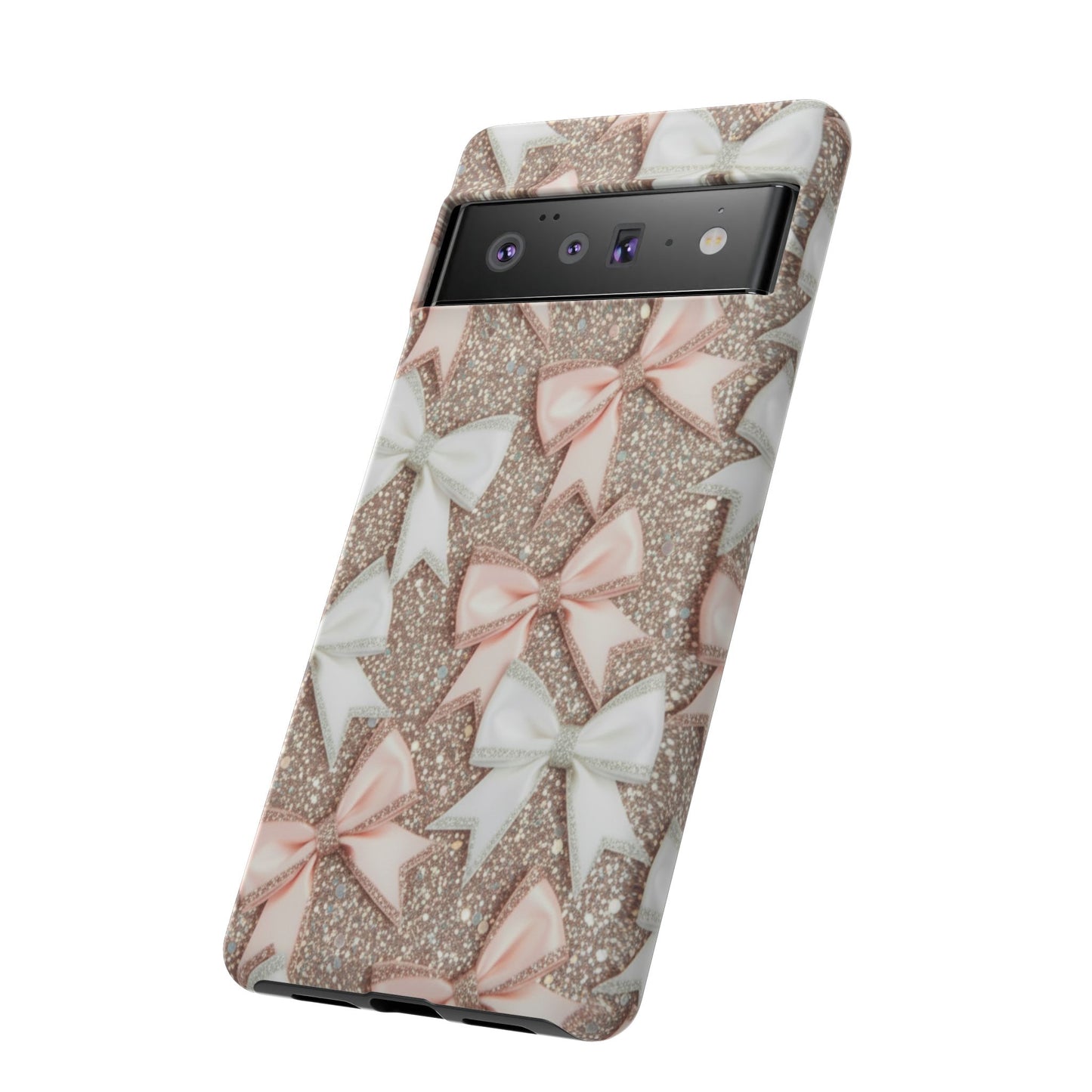 Glitter Bow Tough Phone Case — Pink & White Ribbon Protective Cover