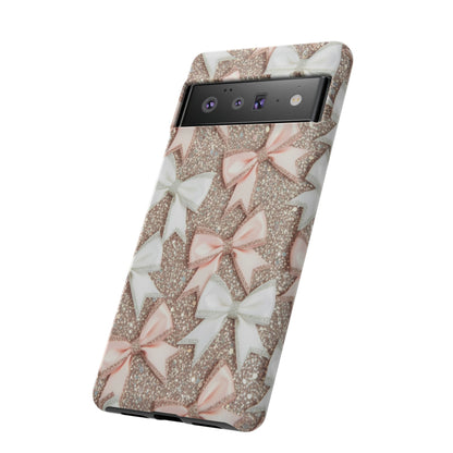 Glitter Bow Tough Phone Case — Pink & White Ribbon Protective Cover