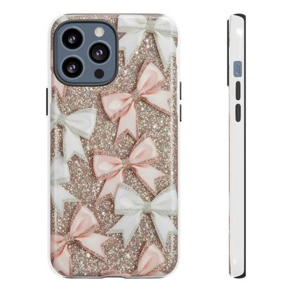 Glitter Bow Tough Phone Case — Pink & White Ribbon Protective Cover