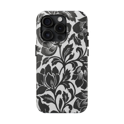 Tough Phone Case — Black & White Vintage Floral Protective Cover