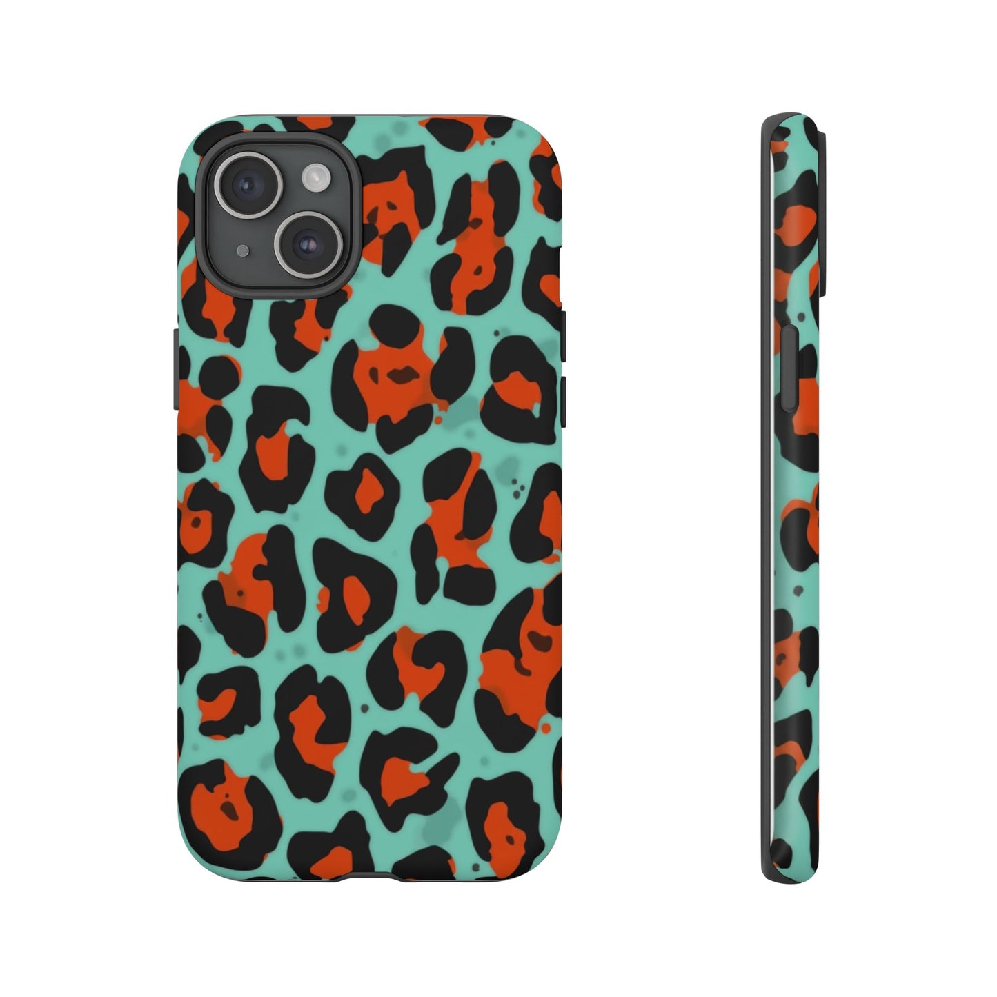 Leopard Print Tough Phone Case — Teal & Rust Protective iPhone Cover