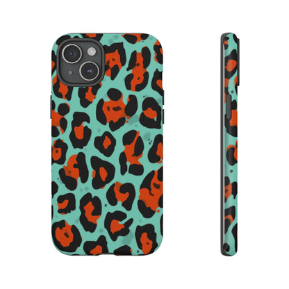 Leopard Print Tough Phone Case — Teal & Rust Protective iPhone Cover