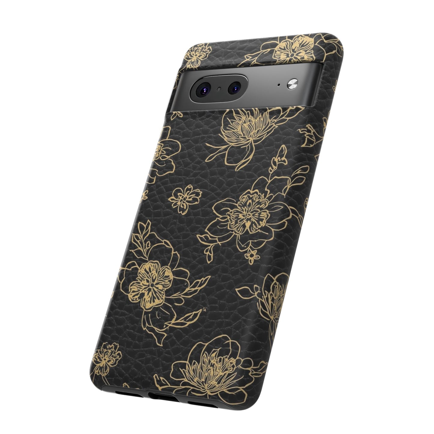 Floral Leather Phone Case — Gold Outline Flowers on Black Tough Case