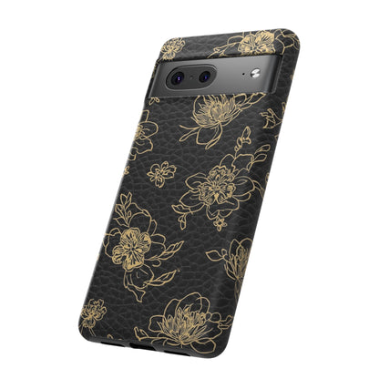 Floral Leather Phone Case — Gold Outline Flowers on Black Tough Case