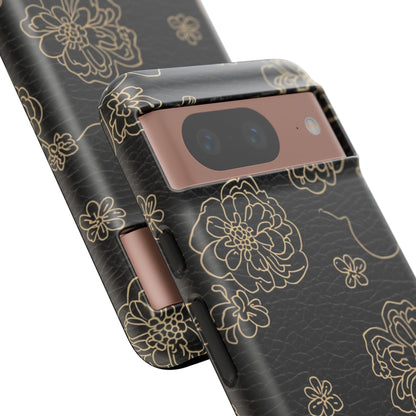 Floral Leather-Texture Tough Case – Black Gold Outline Phone Cover