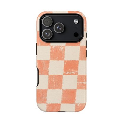 Peach Checkerboard Tough Phone Case — Retro Distressed Grid Design