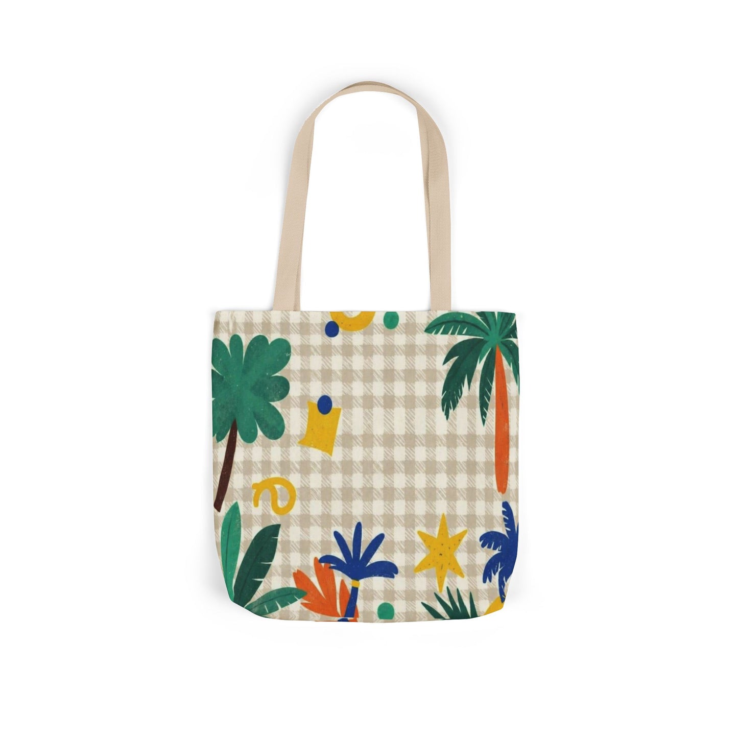 Tropical Gingham Canvas Tote — Palm Trees & Colorful Flora