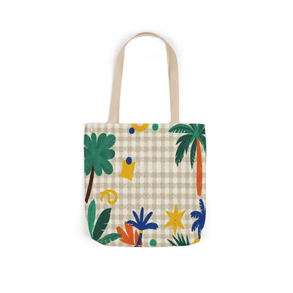 Tropical Gingham Canvas Tote — Palm Trees & Colorful Flora