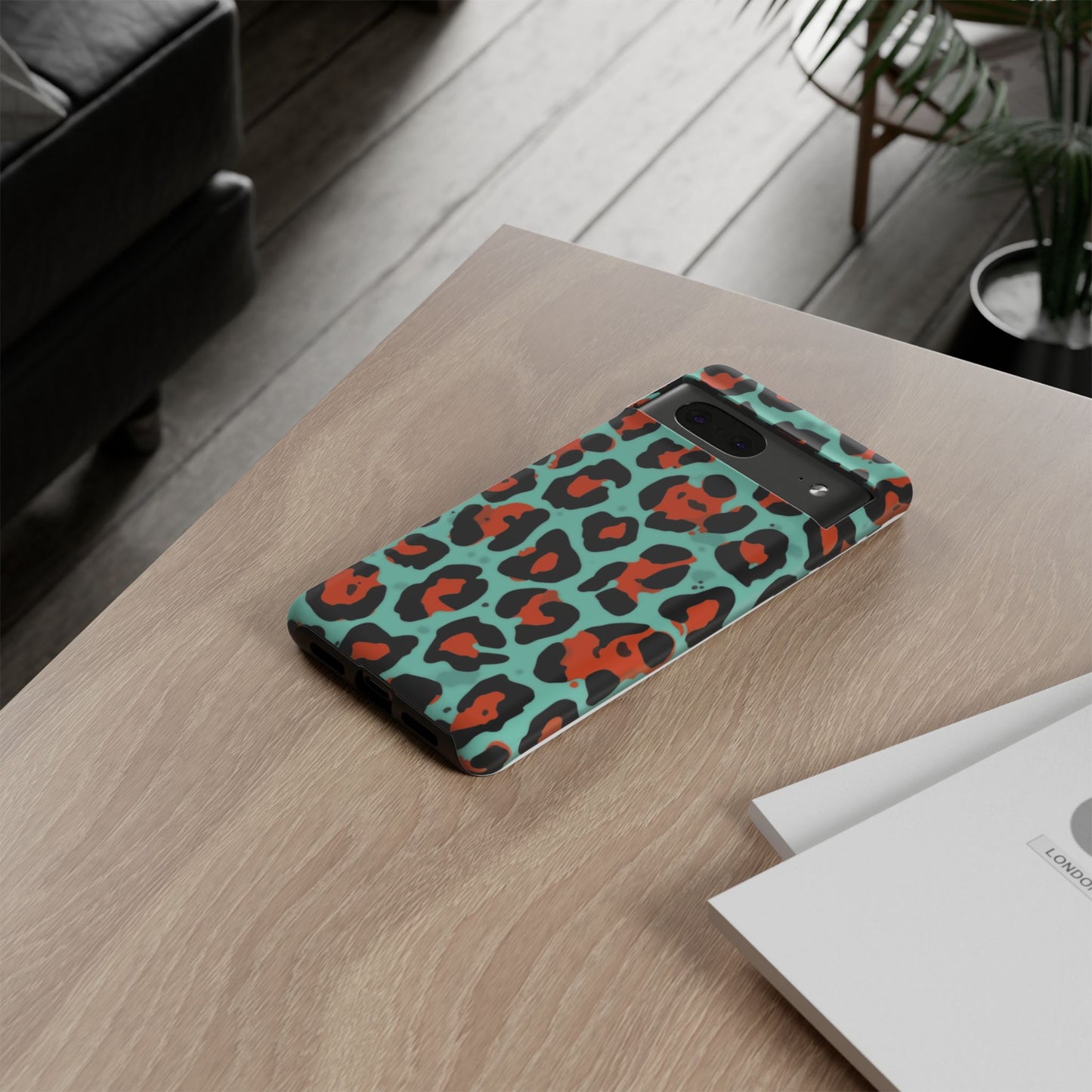 Leopard Print Tough Phone Case — Teal & Rust Protective iPhone Cover