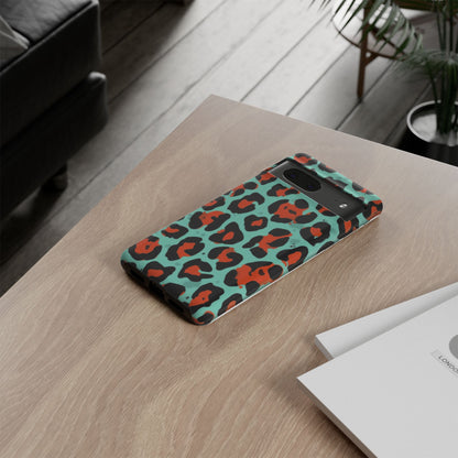 Leopard Print Tough Phone Case — Teal & Rust Protective iPhone Cover