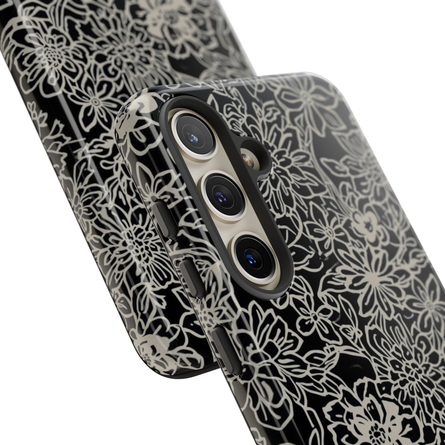 Floral Doodle Tough Phone Case — Black & White Sketch Flower Protective Cover