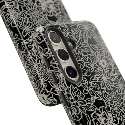 Floral Doodle Tough Phone Case — Black & White Sketch Flower Protective Cover
