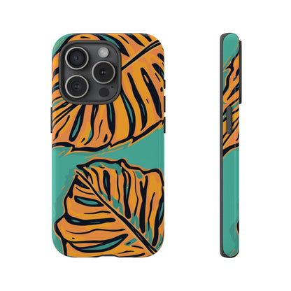 Tropical Leaf Tough Phone Case — Orange Monstera Design on Teal