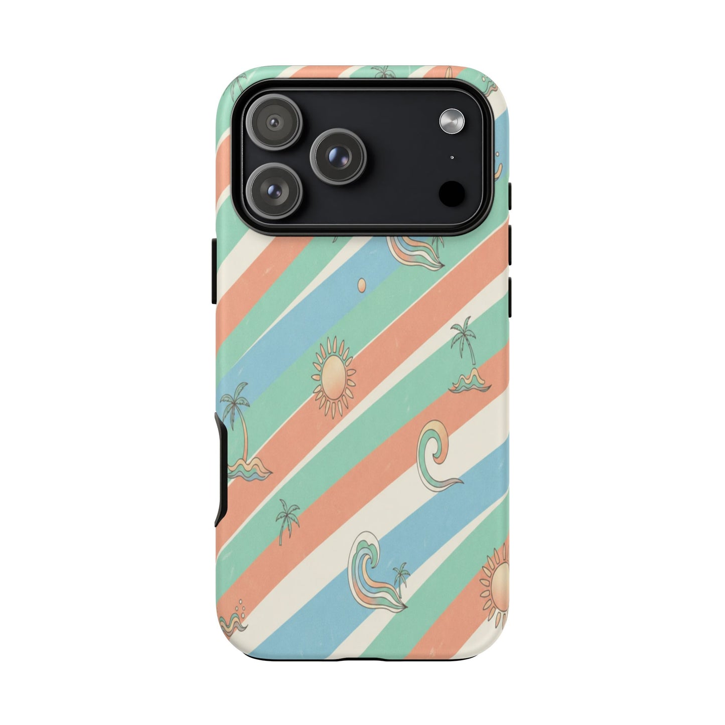Retro Beach Stripes Phone Case — Sun, Waves & Palm Pattern Tough Case