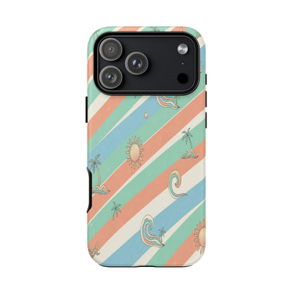 Retro Beach Stripes Phone Case — Sun, Waves & Palm Pattern Tough Case