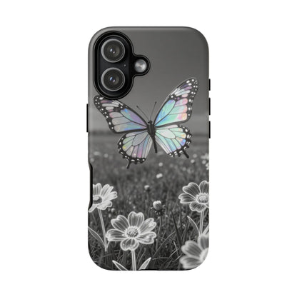 Butterfly Field Tough Phone Case — Pastel Holographic Butterfly on Black & White Floral Background