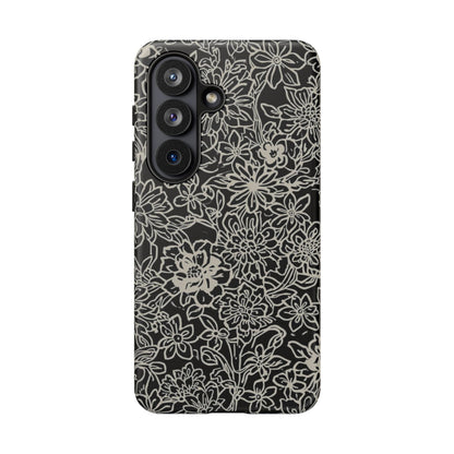 Floral Doodle Tough Phone Case — Black & White Sketch Flower Protective Cover