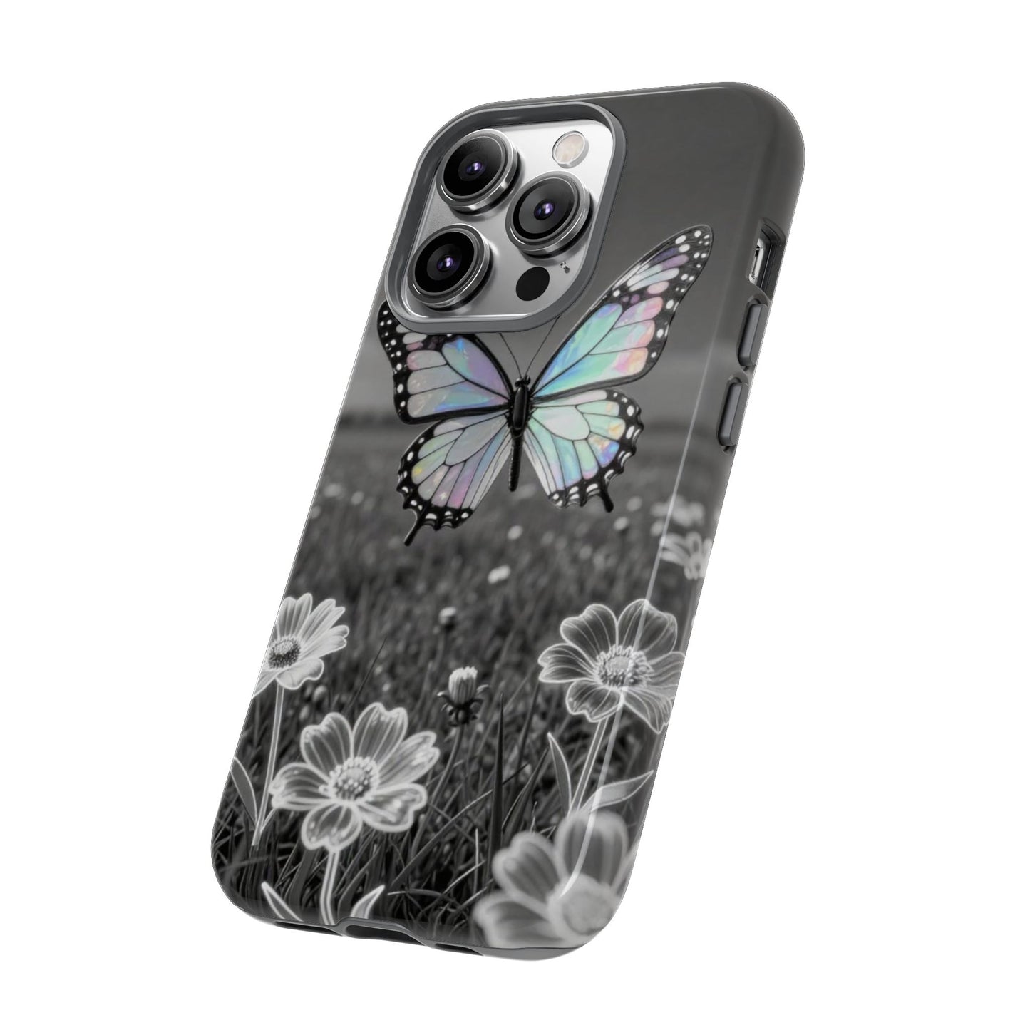 Butterfly Field Tough Phone Case — Pastel Holographic Butterfly on Black & White Floral Background