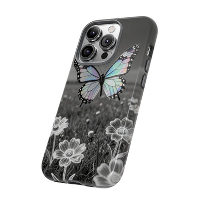 Butterfly Field Tough Phone Case — Pastel Holographic Butterfly on Black & White Floral Background