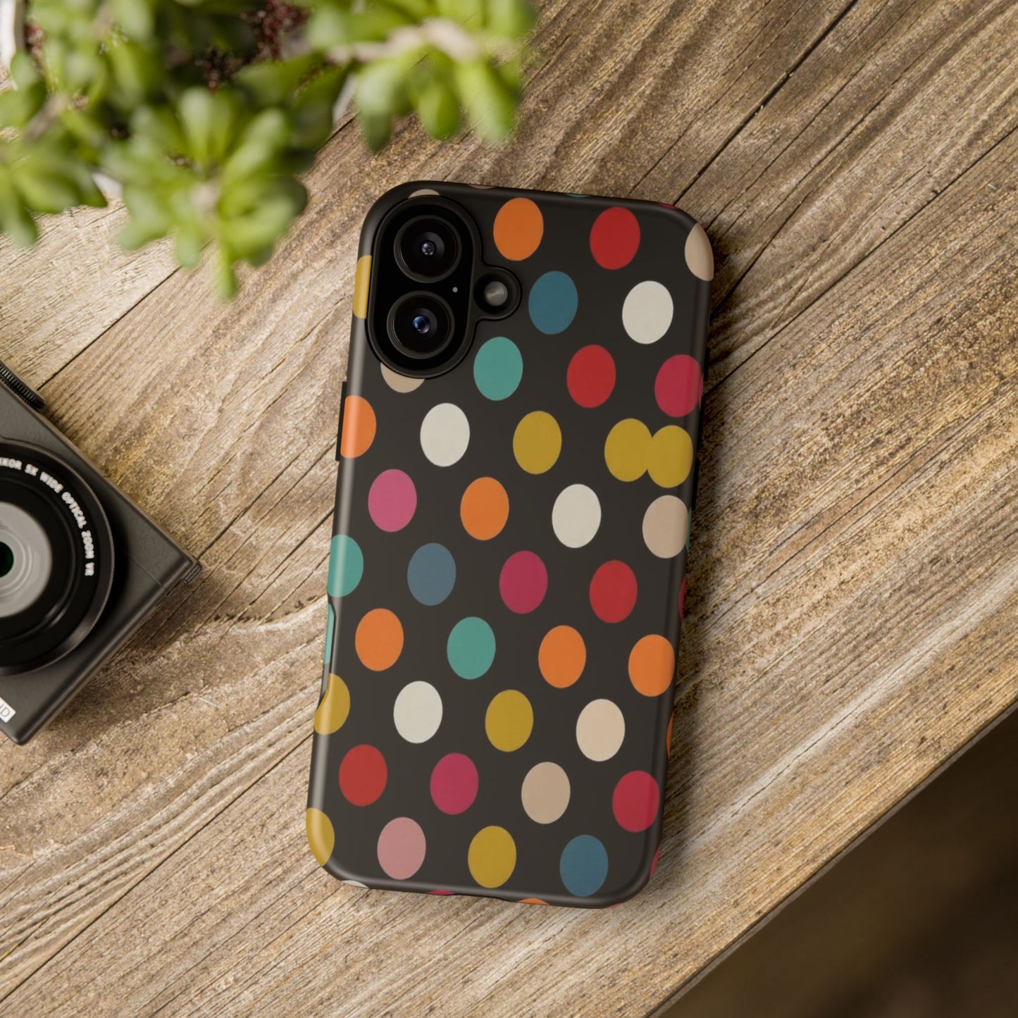 Polka Dot Tough Phone Case – Colorful Retro Dots on Black