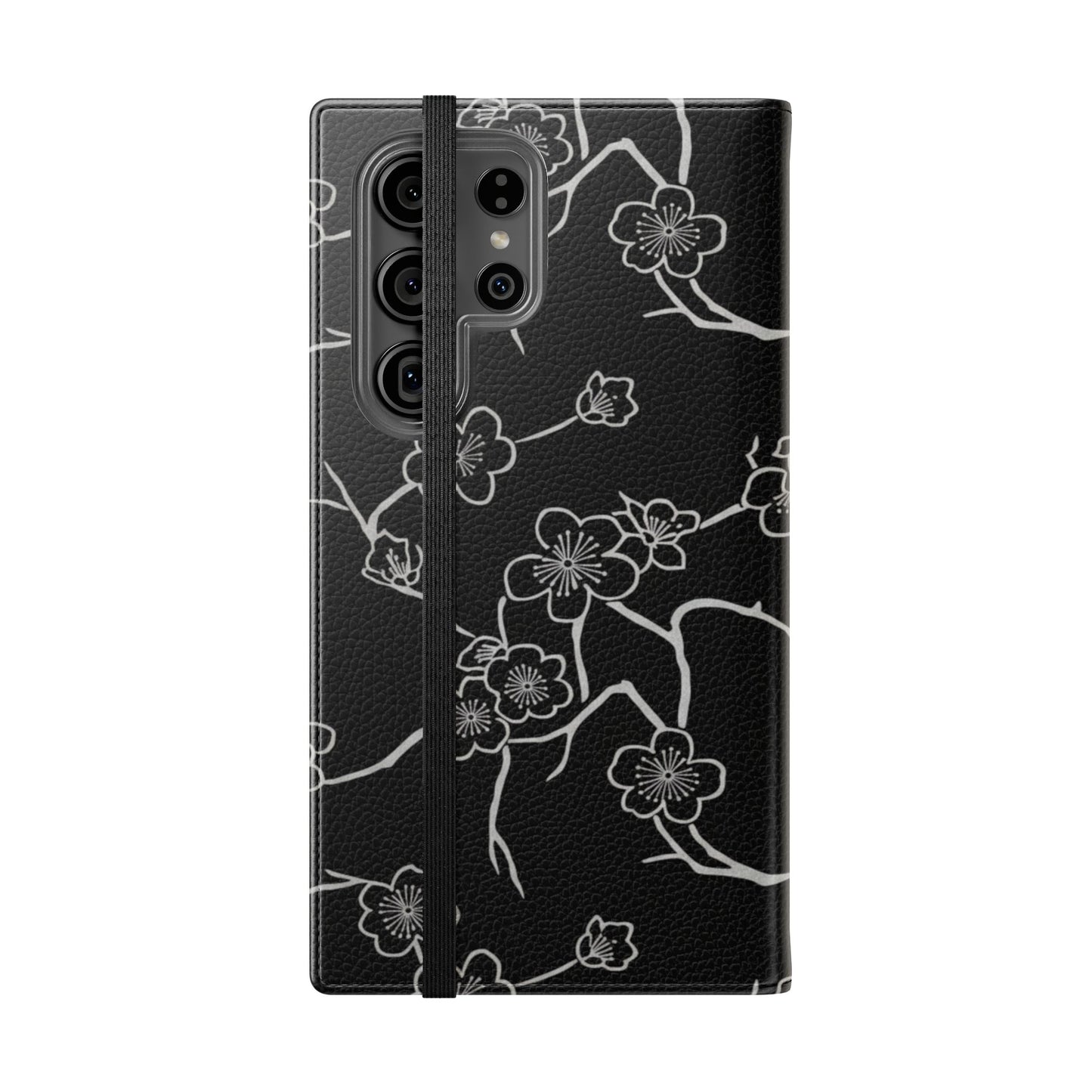 Black Cherry Blossom Flip Phone Case – Floral Wallet Flip Case with Card Slots