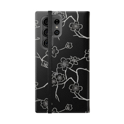 Black Cherry Blossom Flip Phone Case – Floral Wallet Flip Case with Card Slots