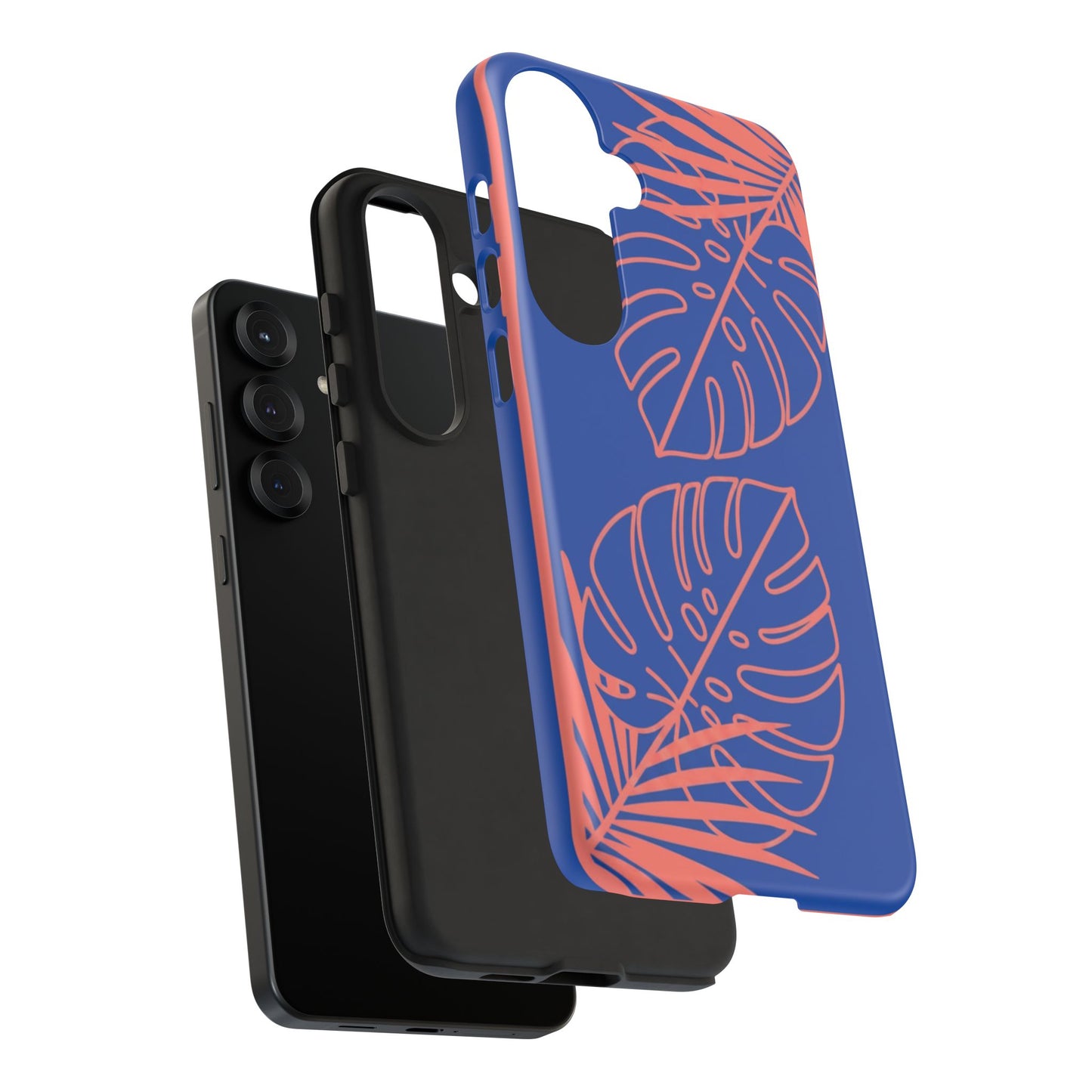 Tropical Monstera Phone Case — Blue & Coral Leaf Protective Cover
