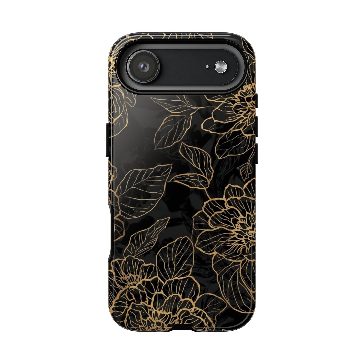 Floral Gold Outline Tough Phone Case – Black Botanical Protective Cover