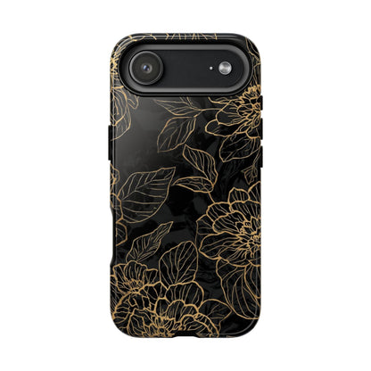 Floral Gold Outline Tough Phone Case – Black Botanical Protective Cover