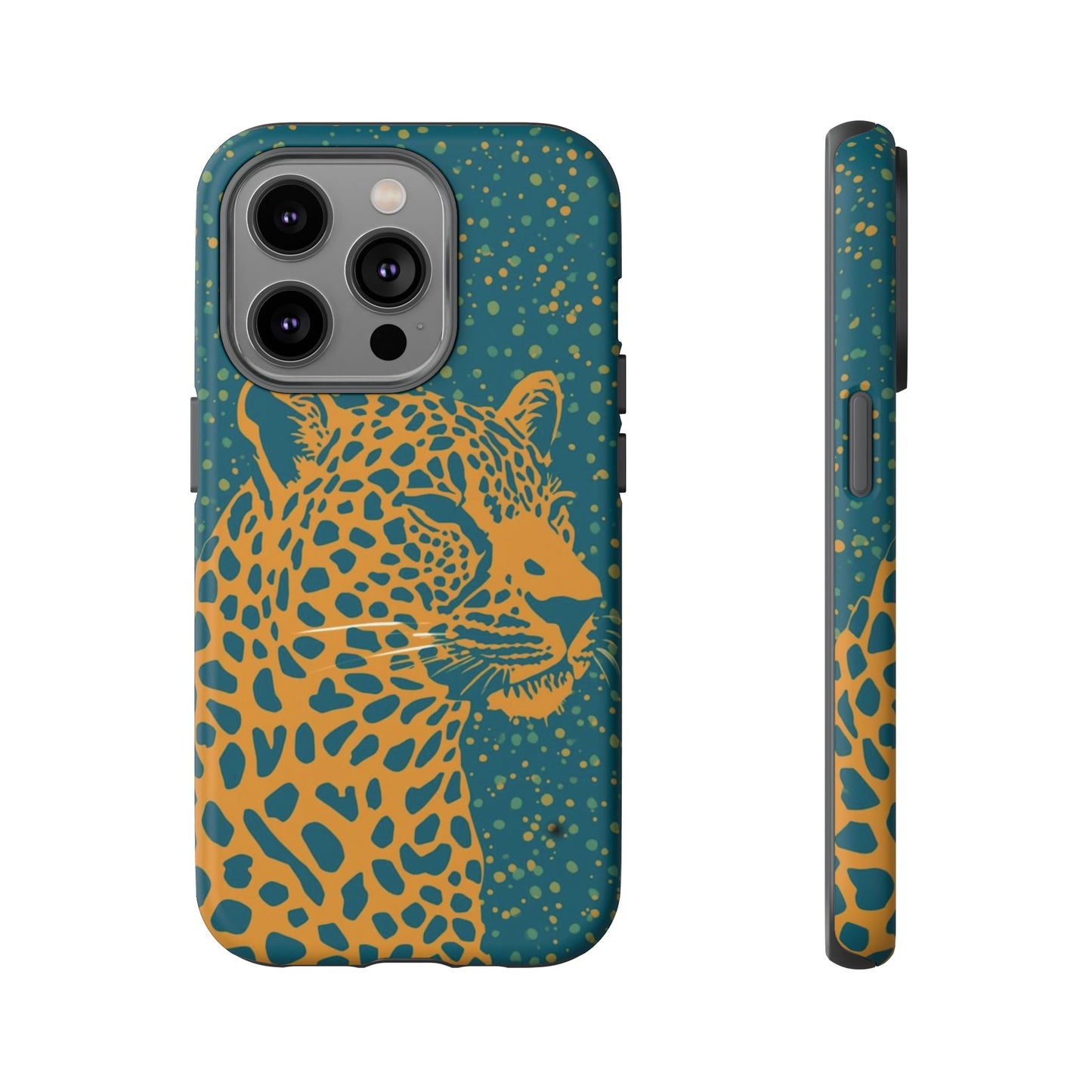 Leopard Print Tough Phone Case — Gold Panther on Teal, Protective iPhone Cover