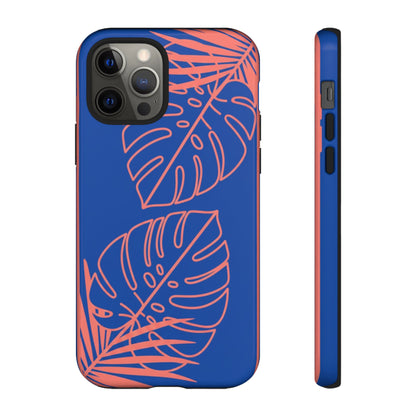 Tropical Monstera Phone Case — Blue & Coral Leaf Protective Cover
