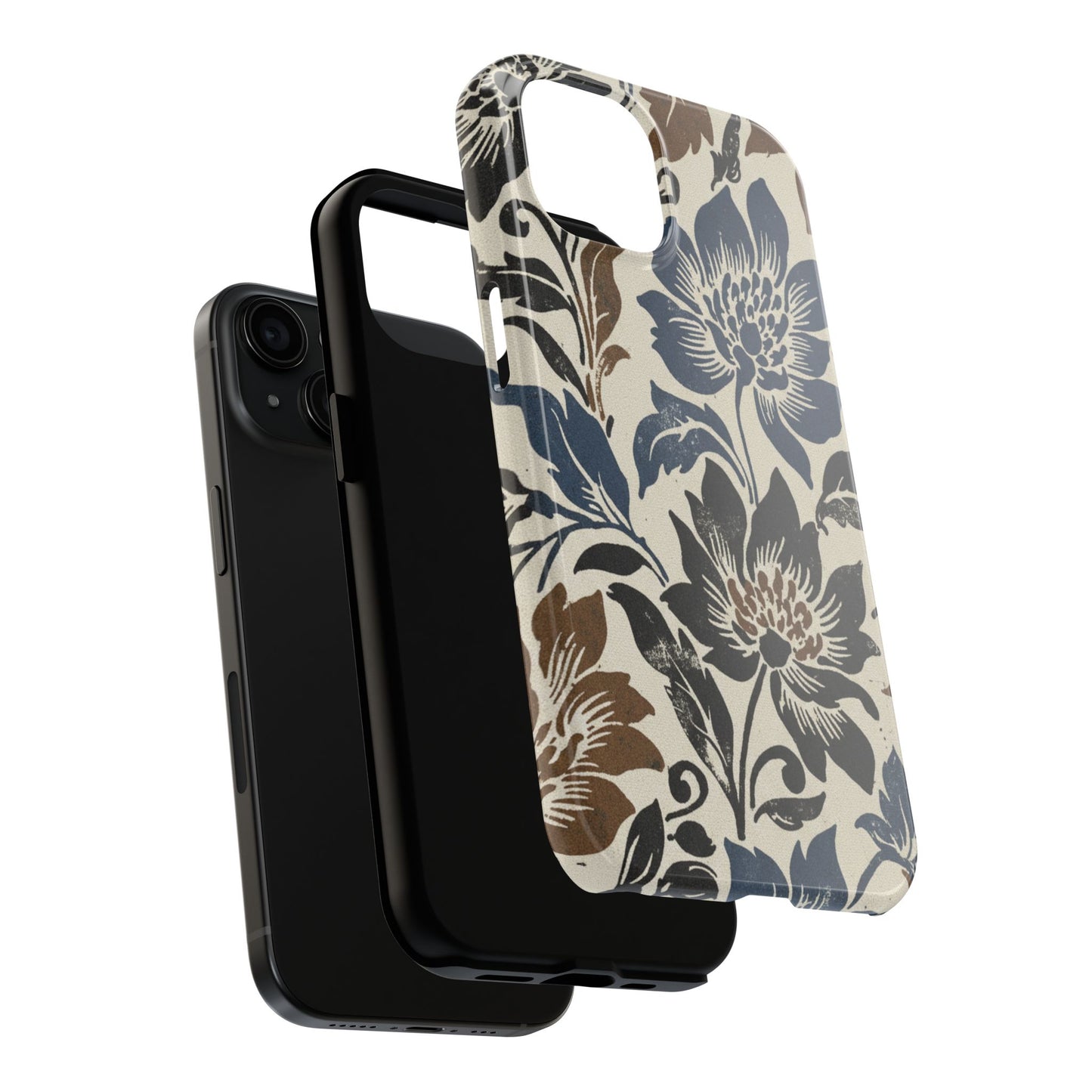 Floral Vintage Tough Phone Case — Blue & Brown Botanical Protection