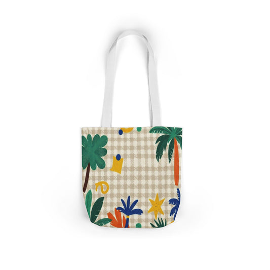Tropical Gingham Canvas Tote — Palm Trees & Colorful Flora