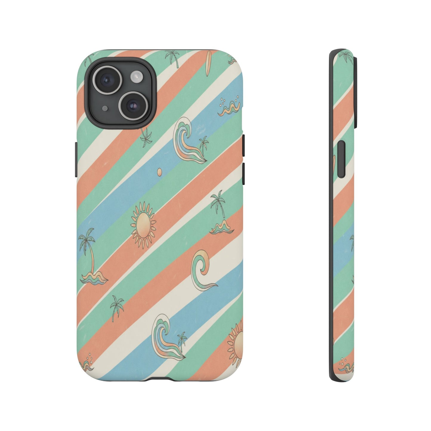 Retro Beach Stripes Phone Case — Sun, Waves & Palm Pattern Tough Case