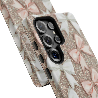 Glitter Bow Tough Phone Case — Pink & White Ribbon Protective Cover